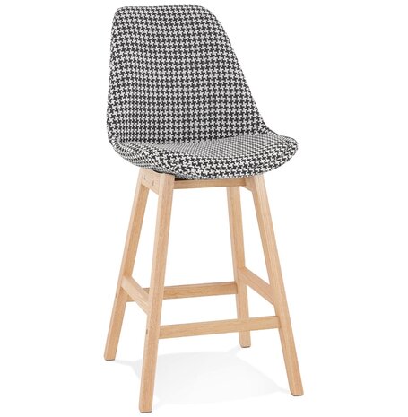 Halfhoge kruk 'MORISS MINI' in pied-de-poule-print stof met poten in natuurlijk hout