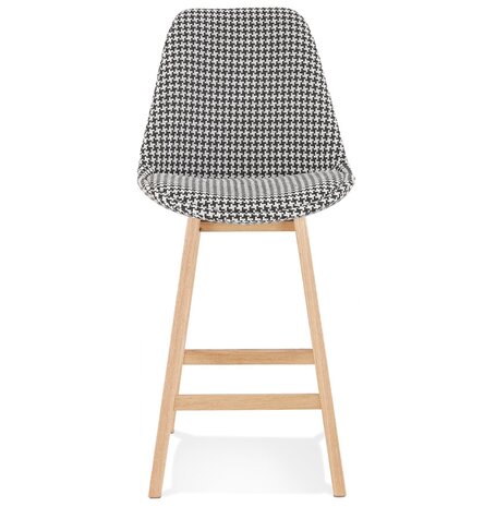 Halfhoge kruk 'MORISS MINI' in pied-de-poule-print stof met poten in natuurlijk hout