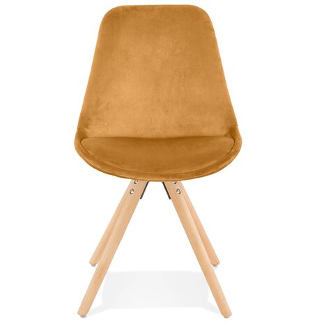 Vintage stoel 'RICKY' in mosterd fluweel en poten in natuurkleurig hout