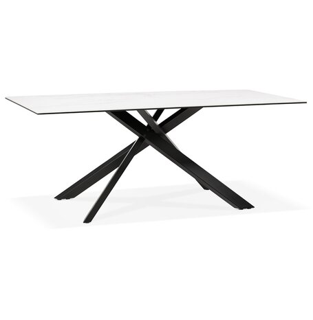 Eettafel 'MARKINA' in witte keramiek met zwarte x-vormige centrale voet - 180 x 90 cm