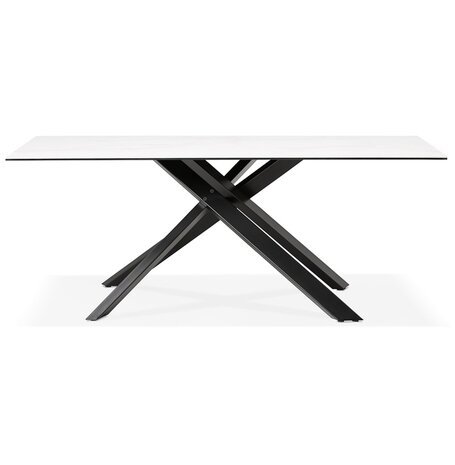 Eettafel 'MARKINA' in witte keramiek met zwarte x-vormige centrale voet - 180 x 90 cm