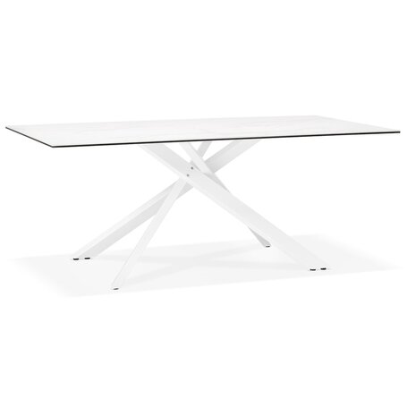Eettafel 'MARKINA' in witte keramiek met witte x-vormige centrale voet - 180 x 90 cm