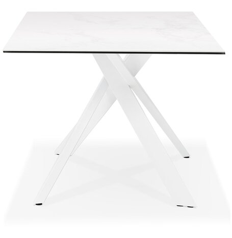 Eettafel 'MARKINA' in witte keramiek met witte x-vormige centrale voet - 180 x 90 cm
