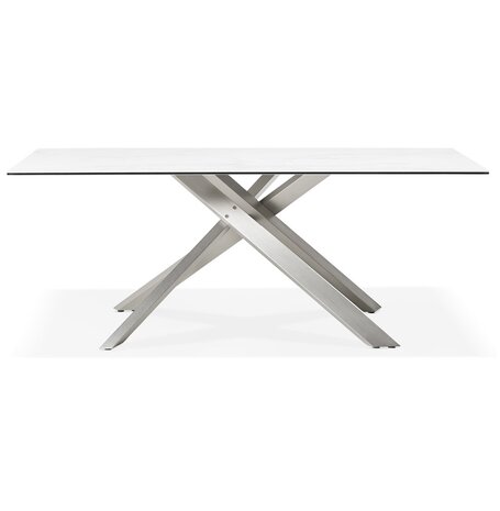 Eettafel 'MARKINA' in witte keramiek met metalen onderstel - 180 x 90 cm
