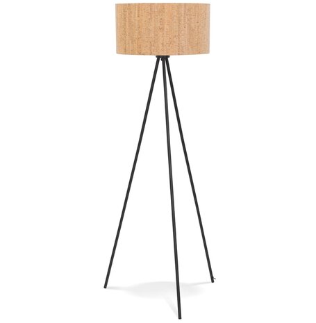 Driepoot vloerlamp 'ANTONIO' met kurken lampenkap en 3 zwarte metalen poten