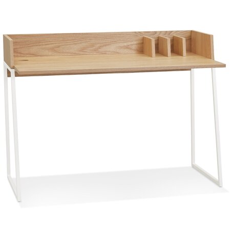 Rechte design bureau 'SALMON' in natuurkleurig hout en wit metaal
