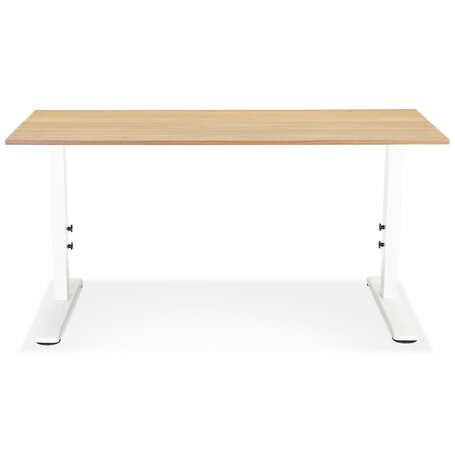 In hoogte verstelbare bureau 'OSMOSE' van natuurlijk afgewerkt hout en wit metaal - 140x70 cm