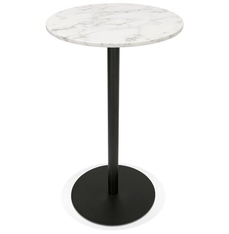 Ronde hoge tafel 'CORY ROUND' van wit gemarmerde steen en zwart metaal - 60x60 cm