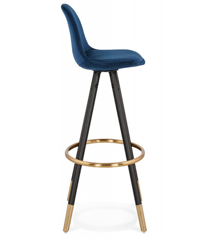 Design barkruk 'CHICAGO' in blauw fluweel en 4 poten in zwart hout