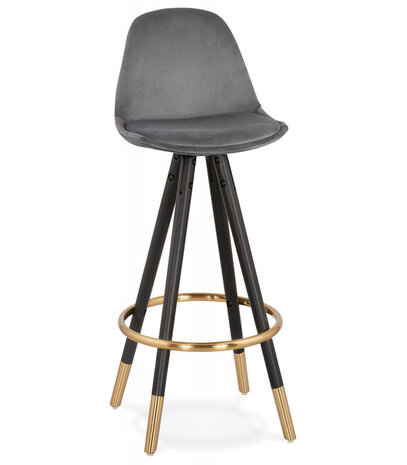 Halfhoge design barkruk 'CHICAGO MINI' in grijs fluweel en 4 poten in zwart hout