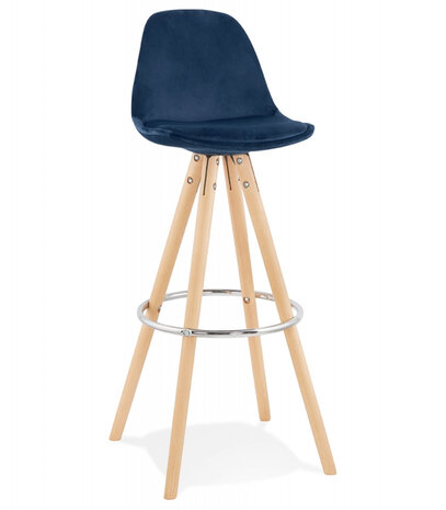 Barkruk 'SPIRIT' in blauw fluweel en poten in hout met natuurlijke afwerking