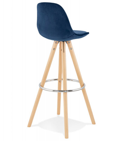 Barkruk 'SPIRIT' in blauw fluweel en poten in hout met natuurlijke afwerking