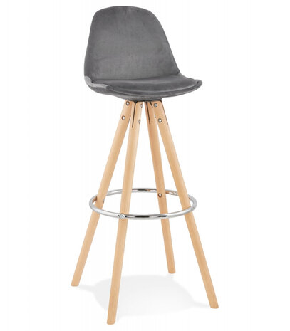 Barkruk 'SPIRIT' in grey fluweel en poten in hout met natuurlijke afwerking