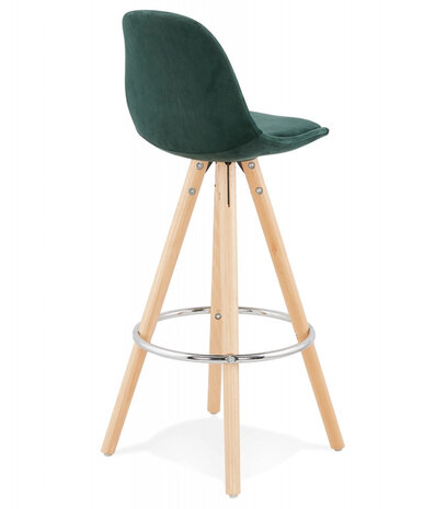 Halfhoge barkruk 'SPIRIT MINI' in groen fluweel en poten in hout met natuurlijke afwerking