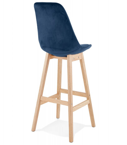Barkruk 'MORISS' in blauw fluweel met poten in natuurlijk hout