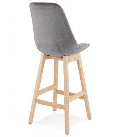 Halfhoge kruk 'MORISS MINI' in fluweel grijs met poten in natuurlijk hout