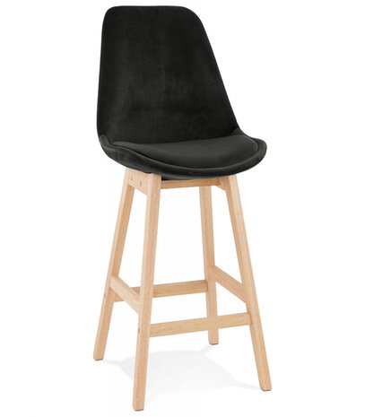 Halfhoge kruk 'MORISS MINI' in fluweel zwart met poten in natuurlijk hout