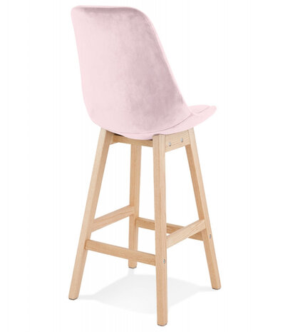 Halfhoge kruk 'MORISS MINI' in roze fluweel met poten in natuurlijk hout