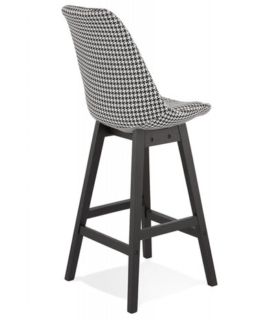 Halfhoge design barkruk 'MORISS MINI' in pied-de-poule-print stof en poten in zwart hout