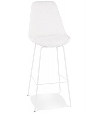 Tabouret de bar 'LEONIE' en tissu bouloché blanc et pied en métal blancBarkruk 'LEONIE' van witte badstof met witte metalen poten