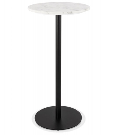 Ronde hoge tafel 'CORY ROUND' van wit gemarmerde steen en zwart metaal - 60x60 cm