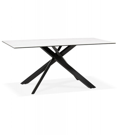 Eettafel 'MARKINA' in witte keramiek met zwarte x-vormige centrale voet - 180 x 90 cm