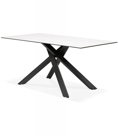Eettafel 'MARKINA' in witte keramiek met zwarte x-vormige centrale voet - 180 x 90 cm