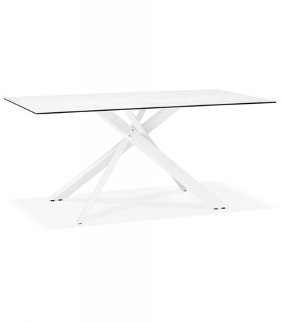 Eettafel 'MARKINA' in witte keramiek met witte x-vormige centrale voet - 180 x 90 cm