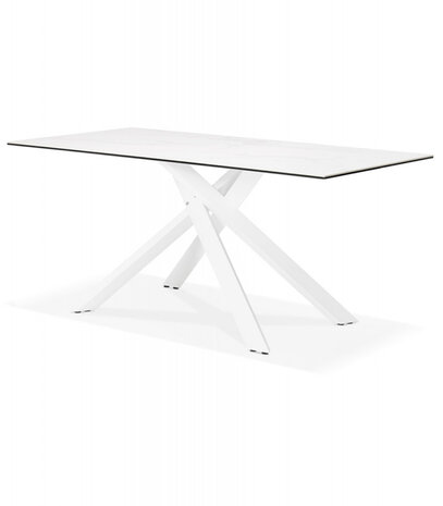 Eettafel 'MARKINA' in witte keramiek met witte x-vormige centrale voet - 180 x 90 cm