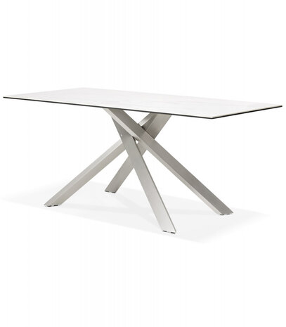 Eettafel 'MARKINA' in witte keramiek met metalen onderstel - 180 x 90 cm