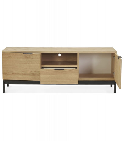 Design tv-meubel 'CATODIK' in hout met natuurlijke afwerking en zwart metaal