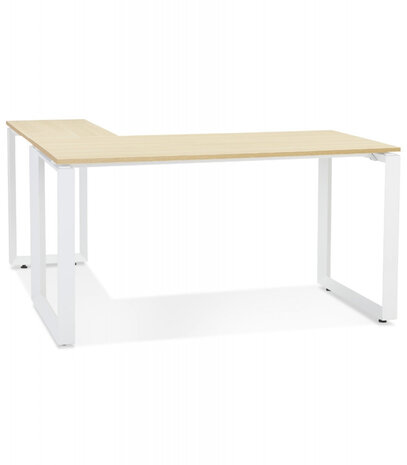 Design hoekbureau 'BAKUS' van natuurkleurig afgewerkte hout en wit metaal - 160 cm